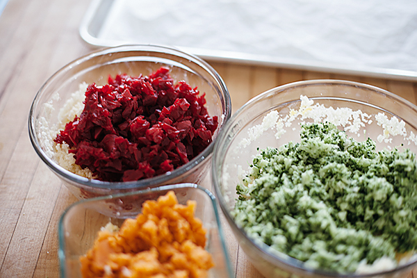 after school snack: beet, yam, and broccoli tots